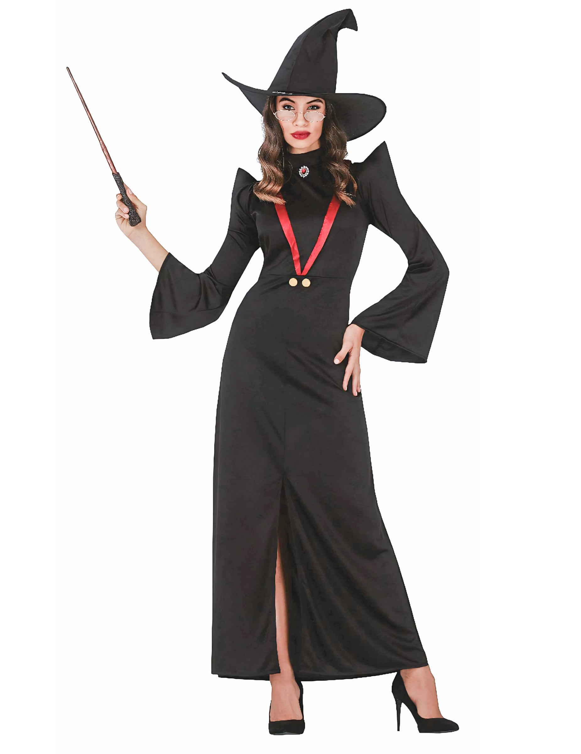 Déguisement professeur de magie pour femme noir avec chapeau et baguette