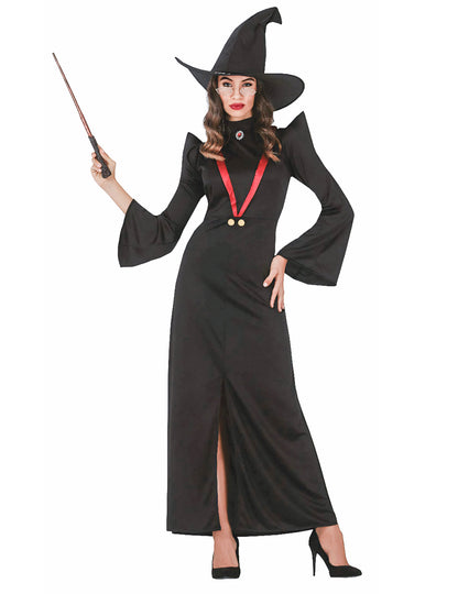 Déguisement professeur de magie pour femme noir avec chapeau et baguette
