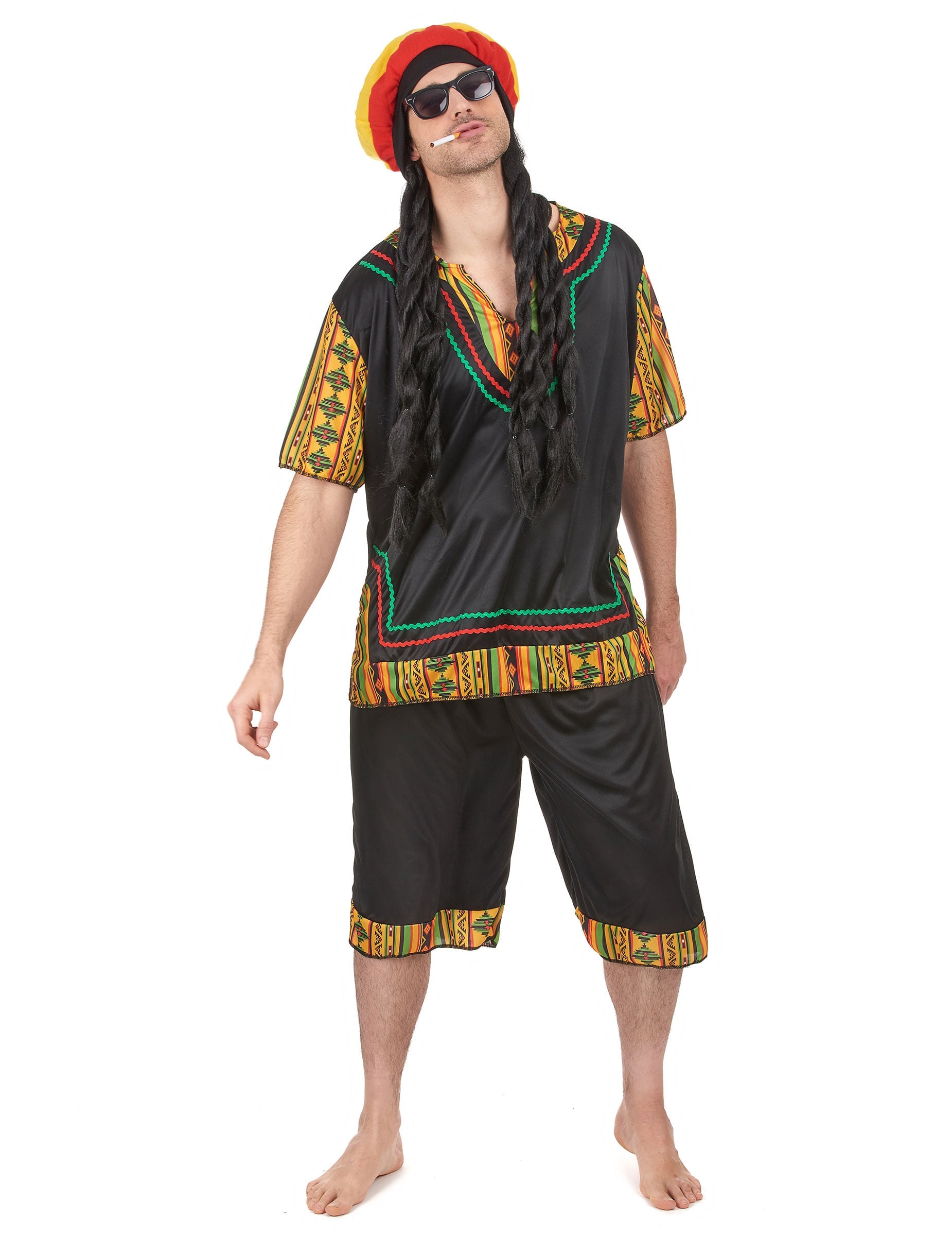 Déguisement rasta pour homme noir avec motifs multicolores et bonnet à dreadlocks