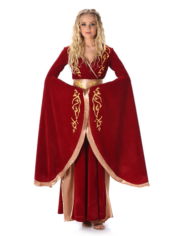 Червена и златна средновековна кралица костюм жена