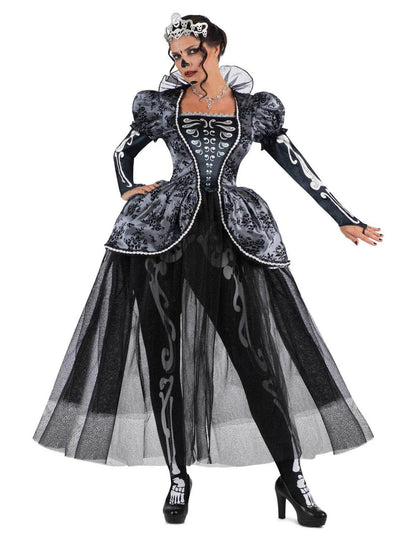 Déguisement reine squelette luxe pour femme gris et noir avec voile en tulle