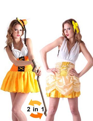 Déguisement réversible fille des Alpes et princesse pour femme jaune et blanc