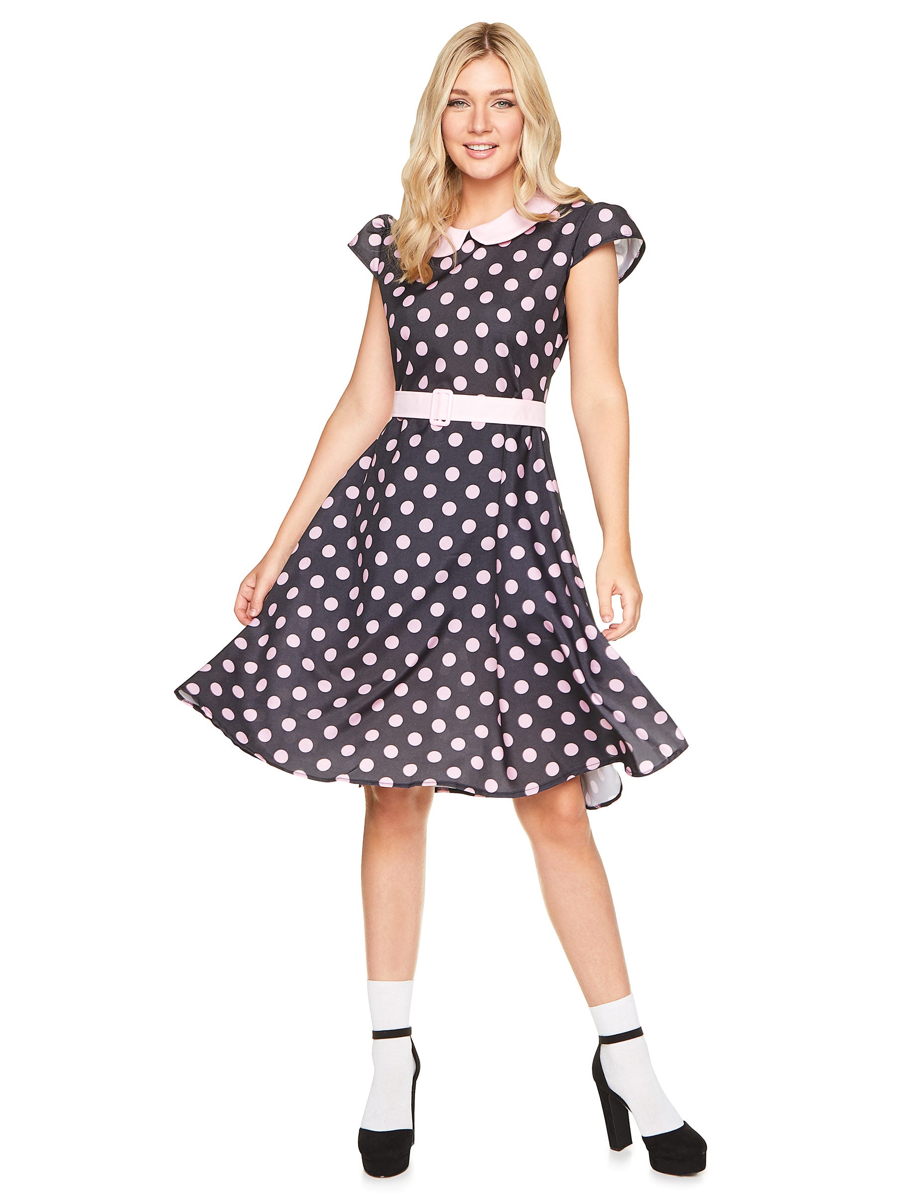 Déguisement robe 50's pour femme noir à pois roses