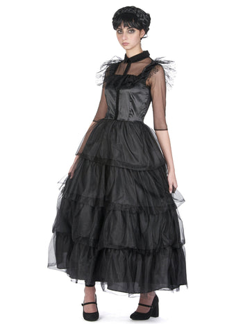 Déguisement robe de bal gothique pour femme noire à volants et tulle