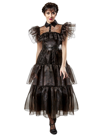 Déguisement robe de bal Mercredi Addams pour femme noire à volants
