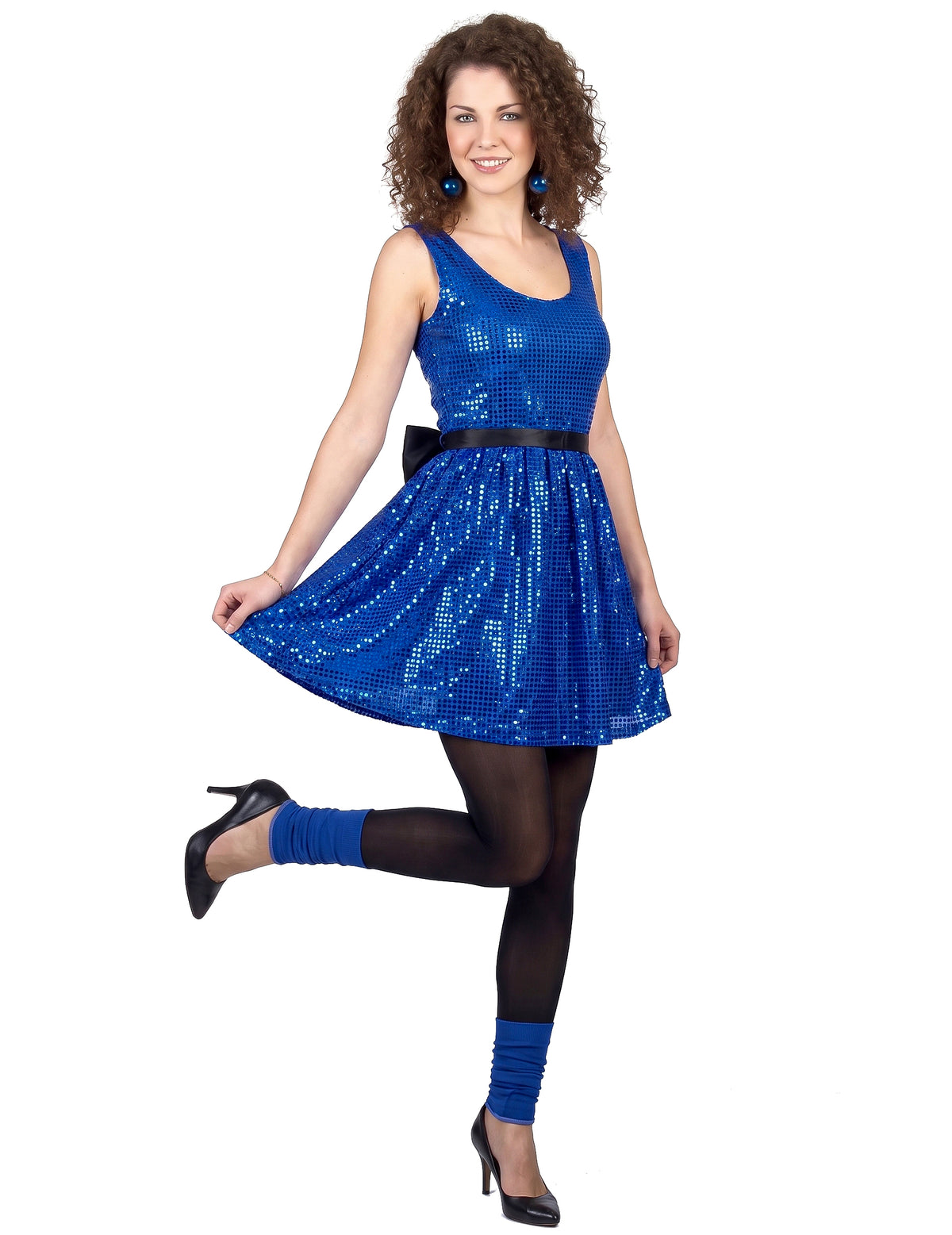 Déguisement robe disco bleue paillette avec gros noeud femme