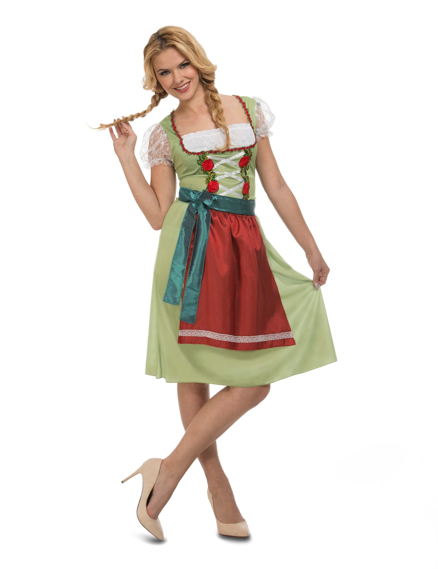 Déguisement robe fête de la bière pour femme vert avec tablier rouge