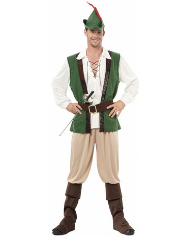 Déguisement de Robin des Bois pour homme vert et beige avec chapeau à plume