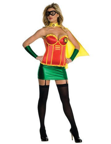 Déguisement Robin™ sexy à bustier pour femme rouge vert et jaune avec cape et loup