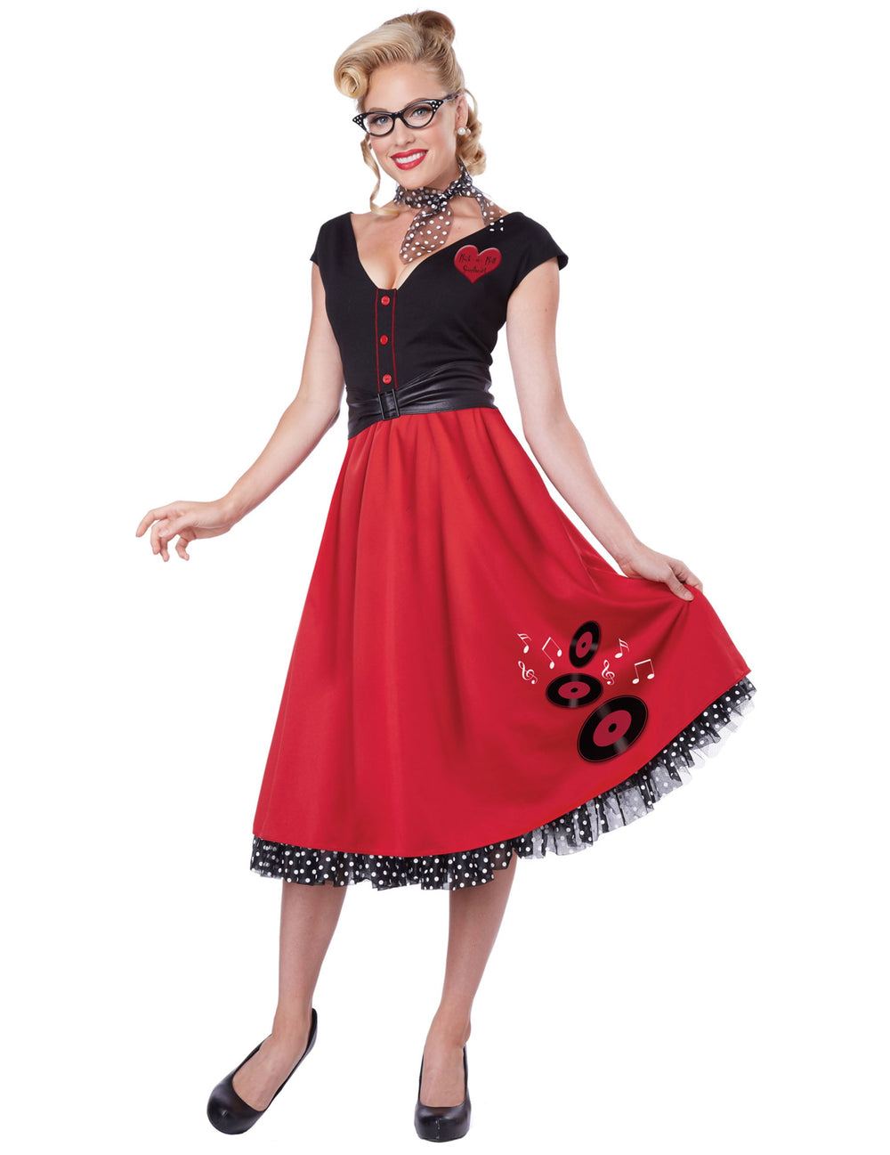Déguisement Rock N Roll pour femme rouge et noir avec motifs vinyles et foulard à pois