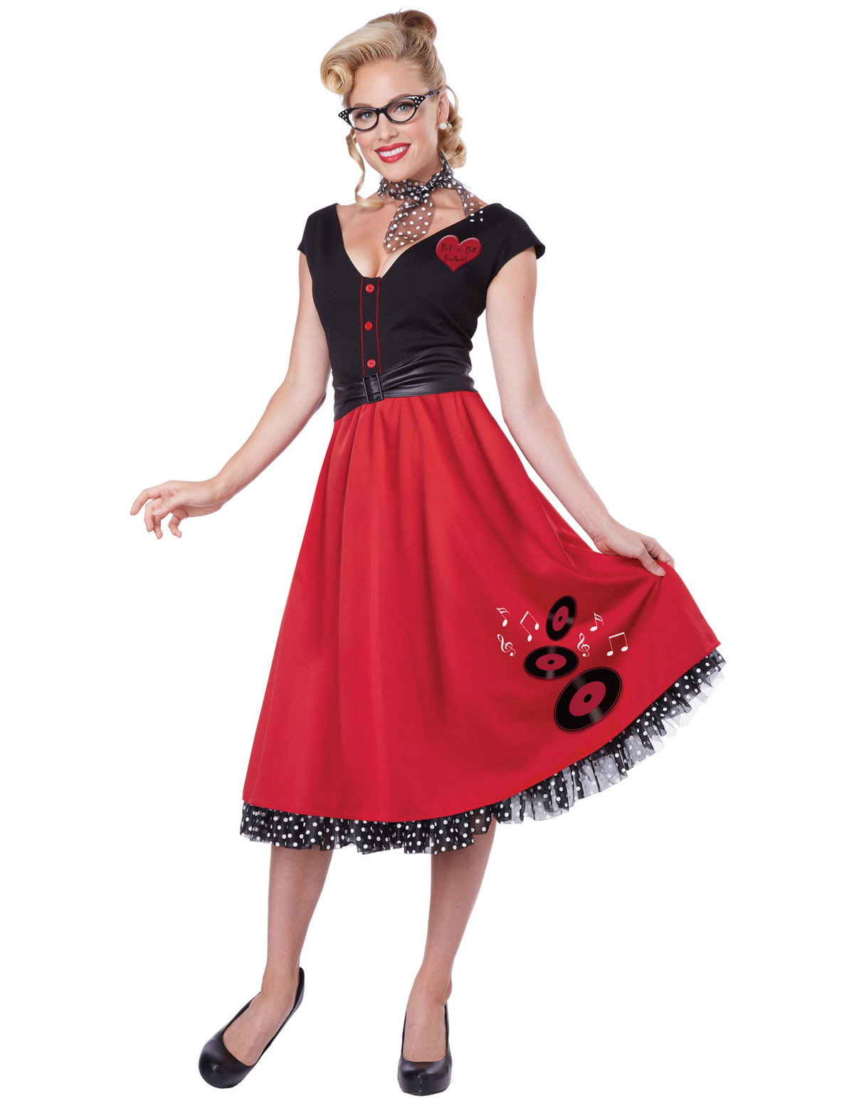 Déguisement Rock N Roll pour femme rouge et noir avec motifs vinyles et foulard à pois