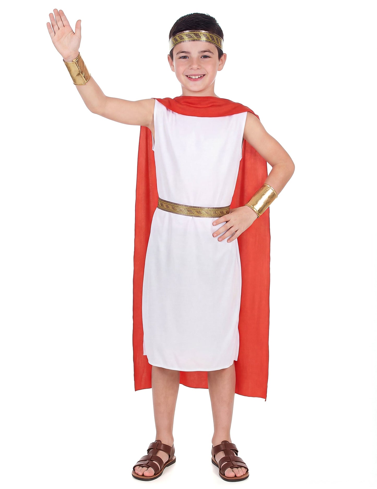 Déguisement romain à cape pour garçon blanc et rouge avec accessoires dorés