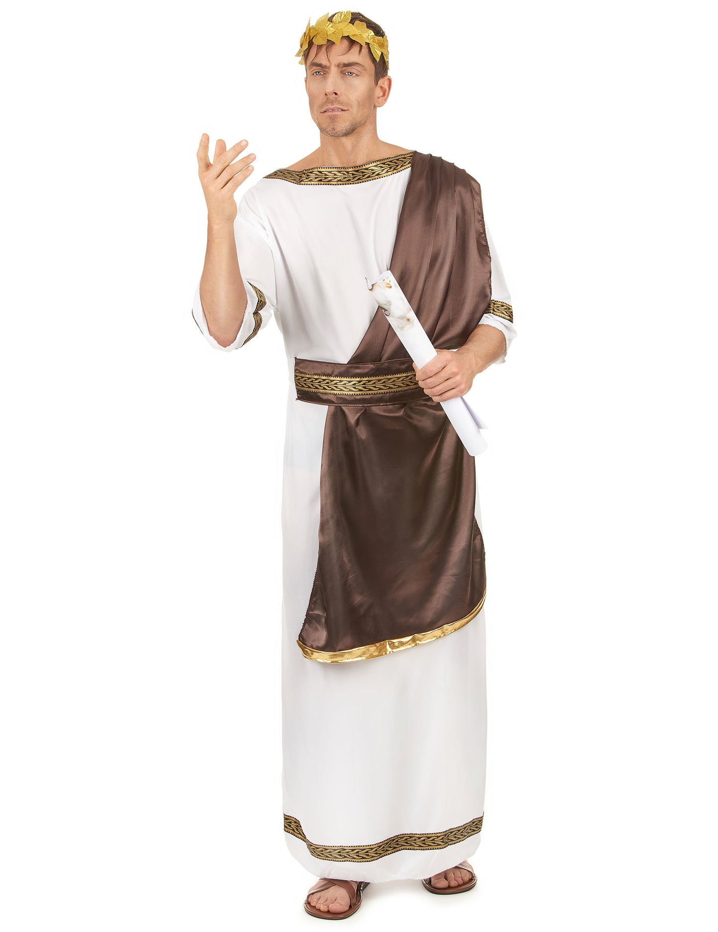 Римско облекло за мъж в бяло и кафяво с златна лаврова корона