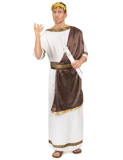 Римско облекло за мъж в бяло и кафяво с златна лаврова корона