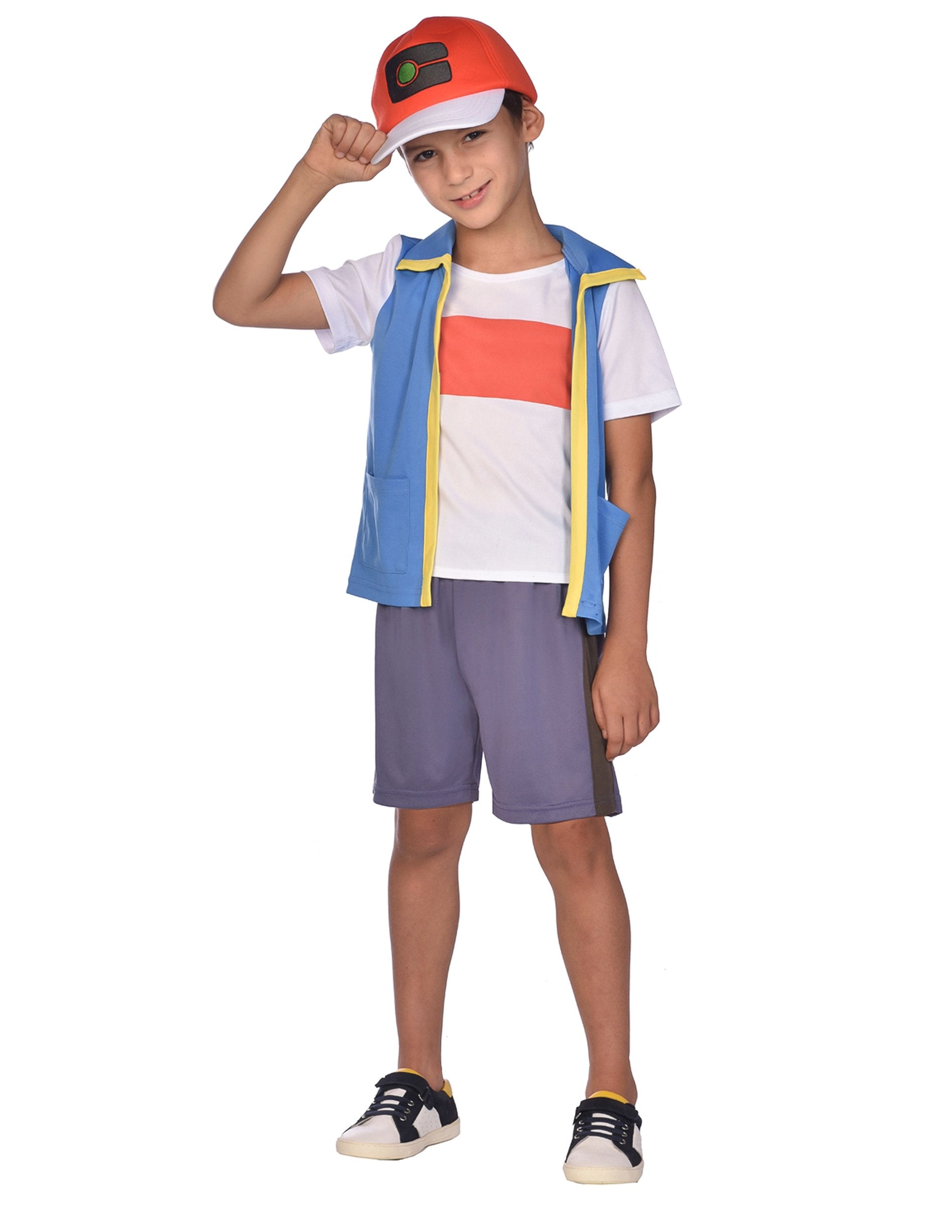 Déguisement Sacha Pokémon pour enfant avec casquette rouge et blanc et gilet bleu