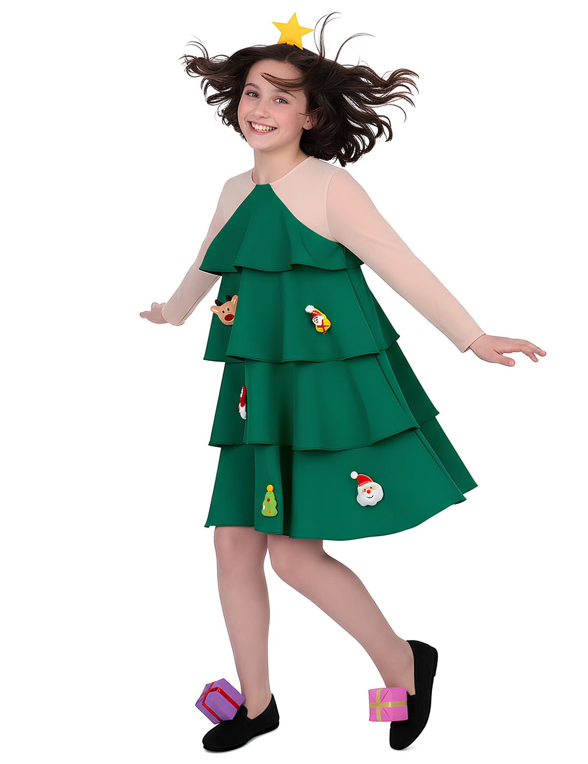 Vue de face en mouvement du déguisement Sapin de Noël pour fille
