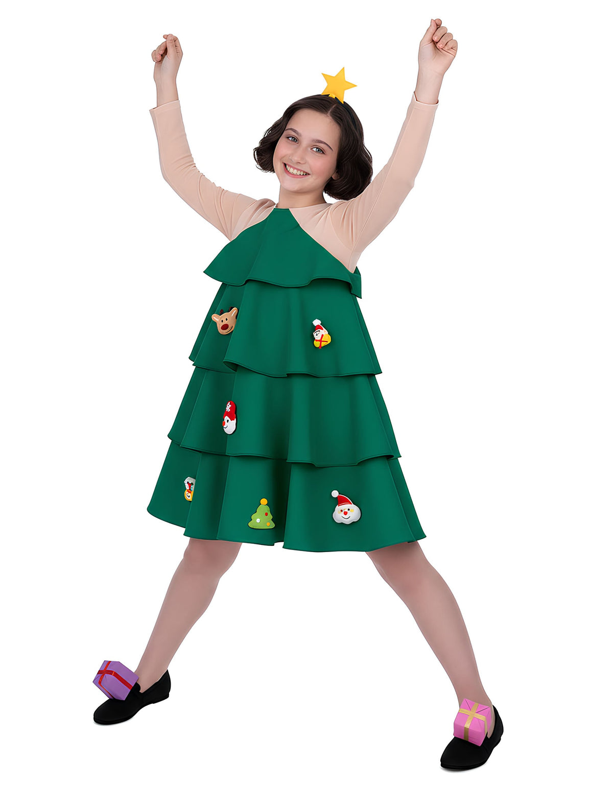 Vue de face bras levés du déguisement Sapin de Noël pour fille