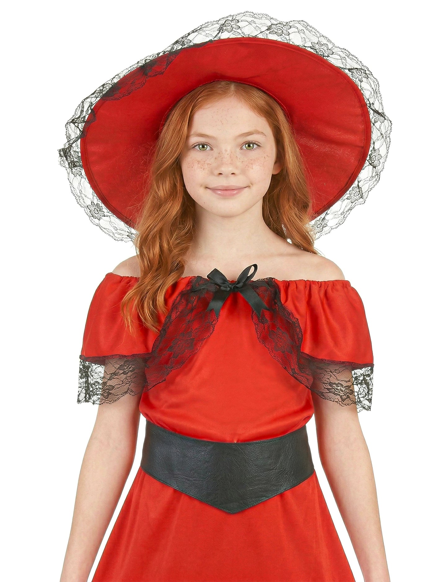 Gros plan sur le chapeau et le haut du déguisement Scarlett pour fille