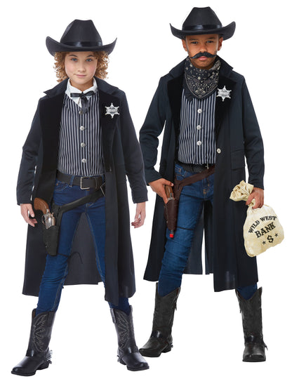 Déguisement de shérif pour enfant avec long manteau noir et gilet rayé