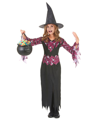 Déguisement de sorcière avec chapeau pour fille noir et violet à motifs têtes de mort