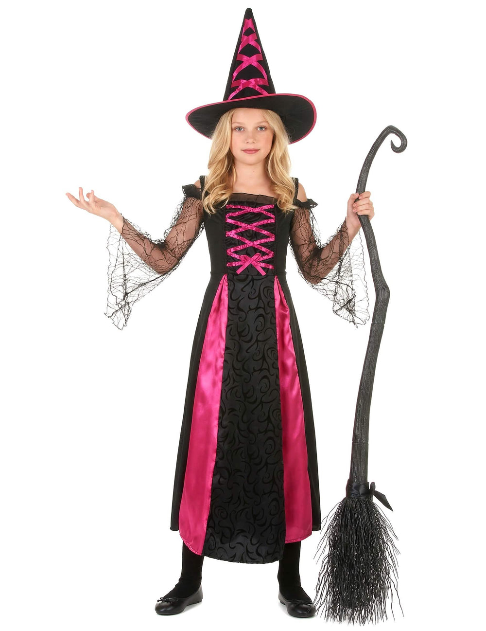 Преглед с шапка и метла на назъбения костюм на вещица за halloween