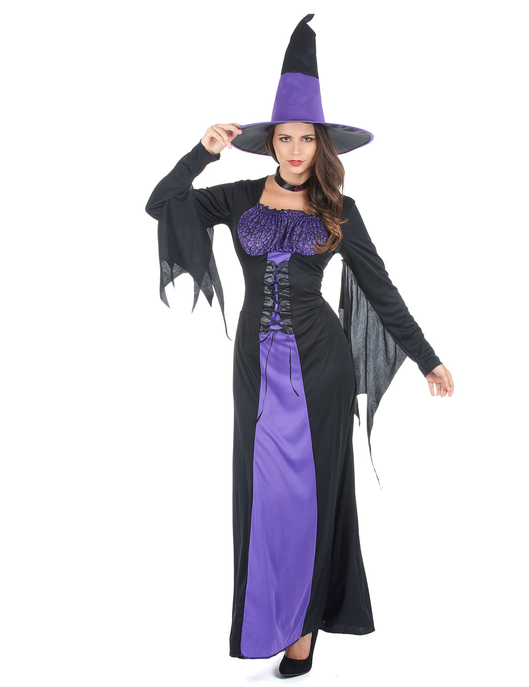 Déguisement de sorcière à corsage pour femme noir et violet avec chapeau pointu