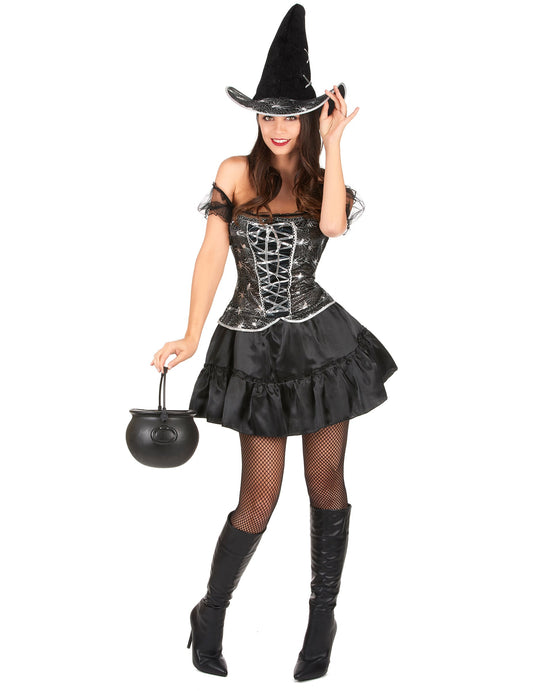 Déguisement de sorcière sexy à corsage pour femme noir et argenté avec chapeau