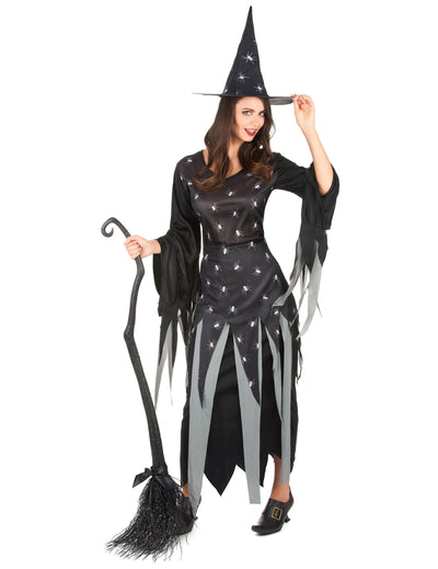 Déguisement de sorcière terne pour femme noir et gris à motifs araignées