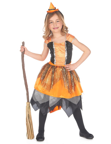 Дегизировка на вещица с паяжина за момиче в оранжево и черно с диадема