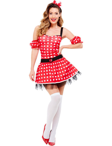 Déguisement de souris pour femme rouge à pois avec serre-tête