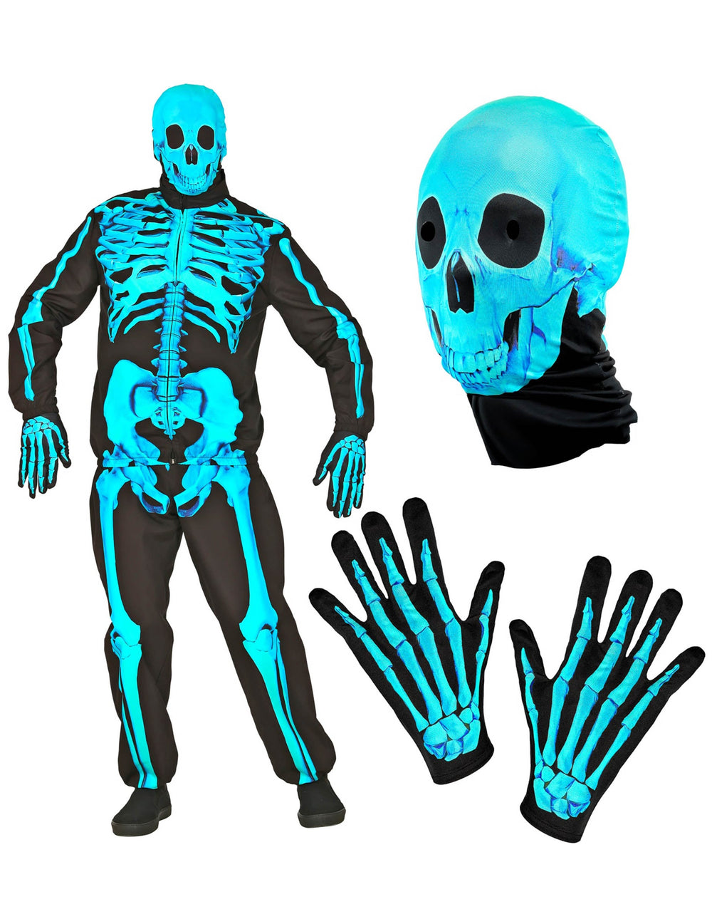 Détails du masque et des gants du déguisement de squelette bleu fluo
