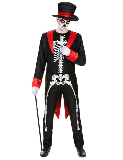 Déguisement de squelette chic pour homme noir et rouge avec chapeau haut-de-forme