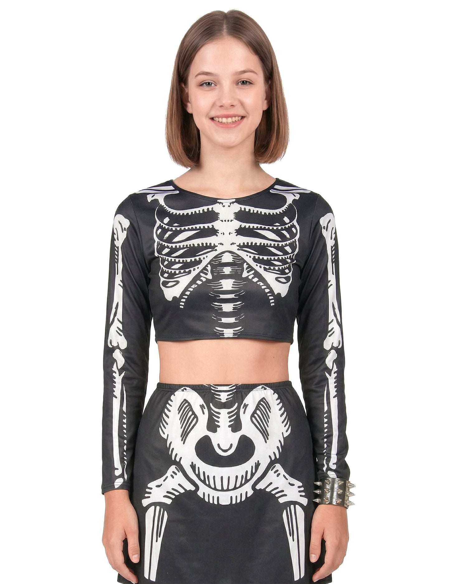 Détail de l'imprimé ossements du déguisement de squelette crop top