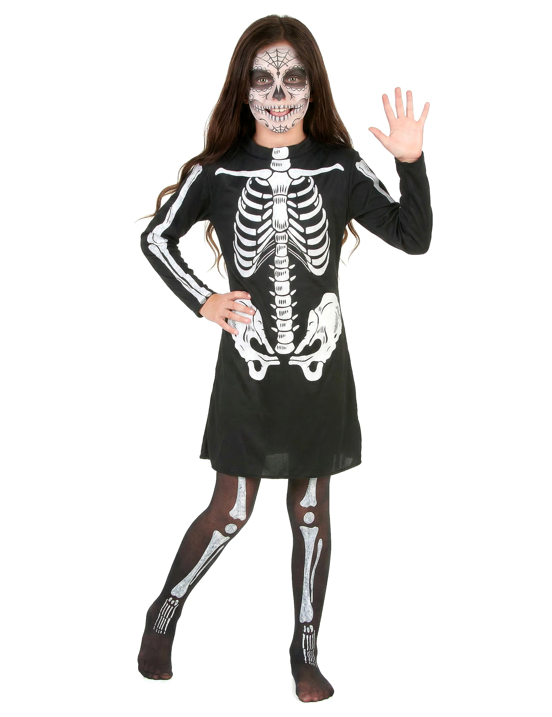 Déguisement de squelette Halloween pour fille noir et blanc avec robe et collants