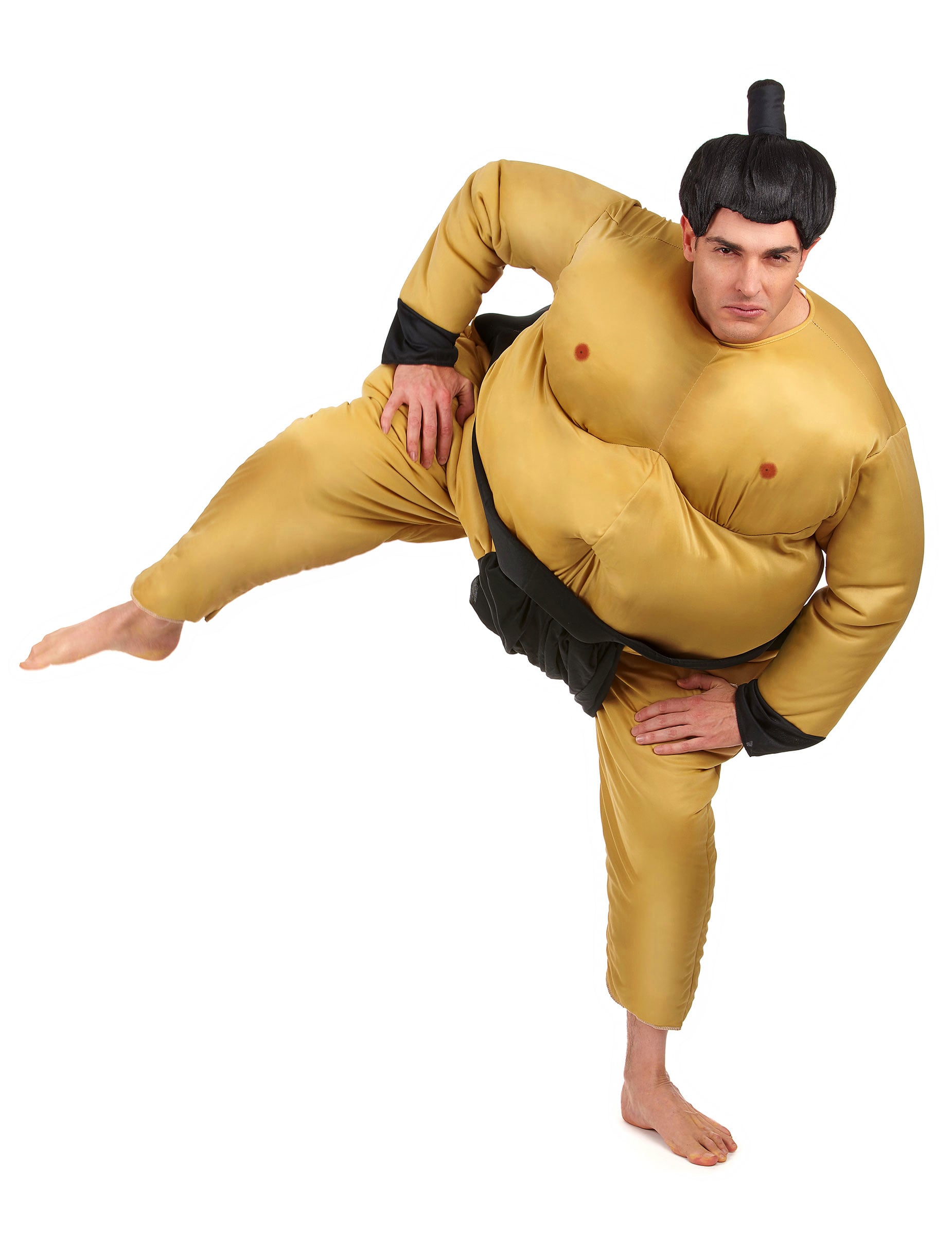 Déguisement de sumo pour homme beige et noir avec perruque