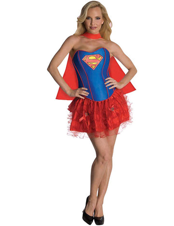 Déguisement Supergirl sexy pour femme bleu et rouge avec corset et tutu