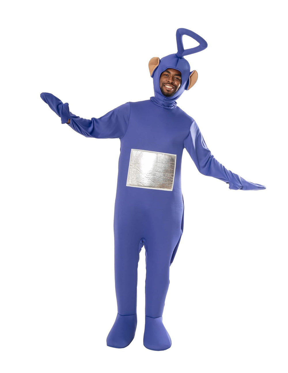 Изглед отпред с отворени ръце на костюма Teletubbies Tinky Winky за възрастен