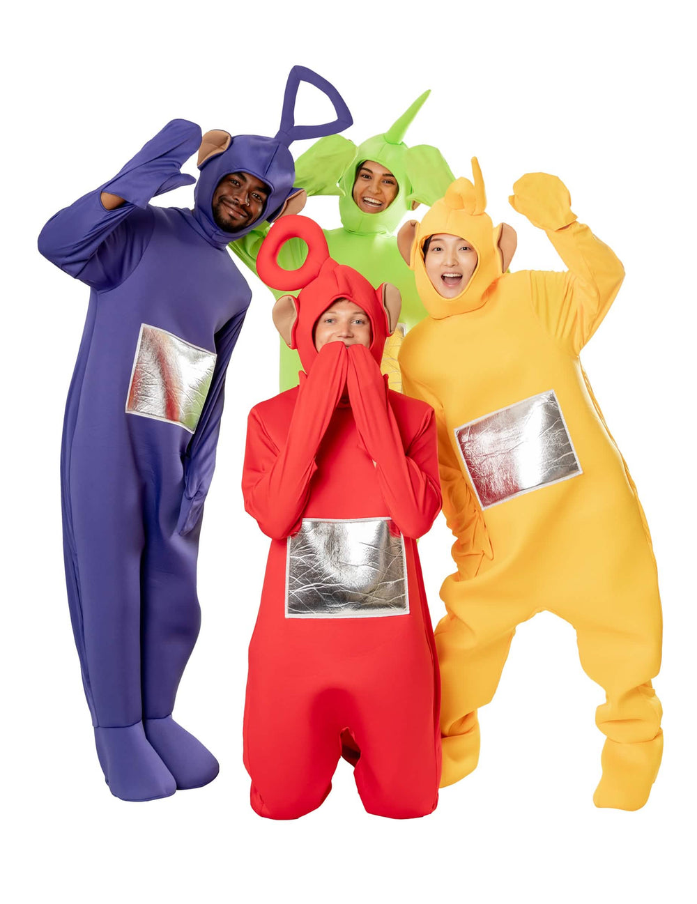 Групов изглед на четирите персонажа на костюма Teletubbies Tinky Winky за възрастен