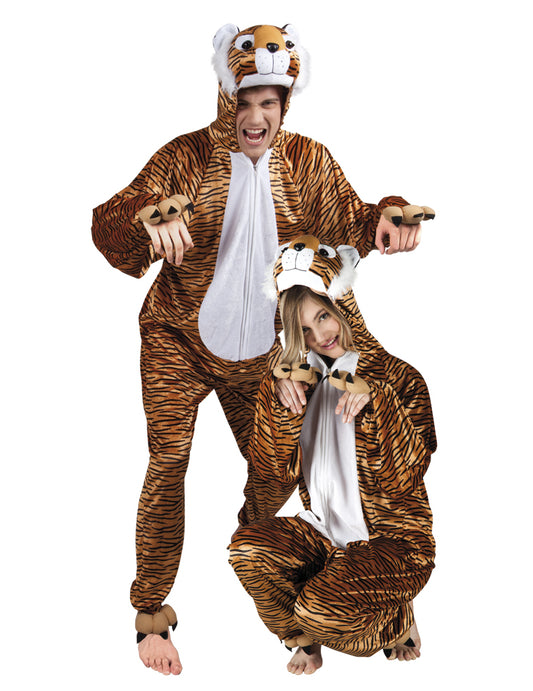 Déguisement de tigre pour adulte orange et noir à rayures avec capuche peluche
