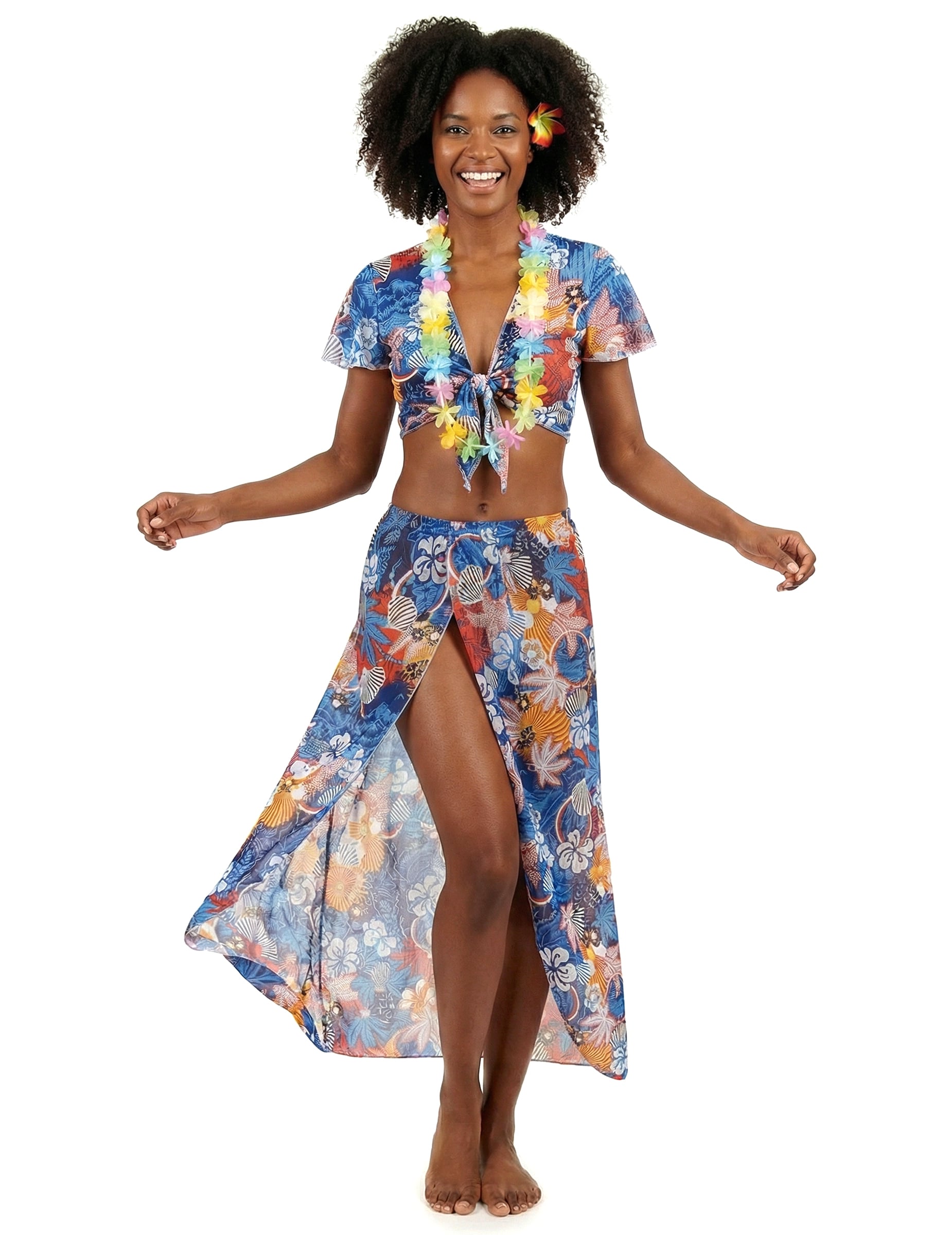 Déguisement touriste hawaïenne pour femme bleu avec motifs floraux et collier de fleurs