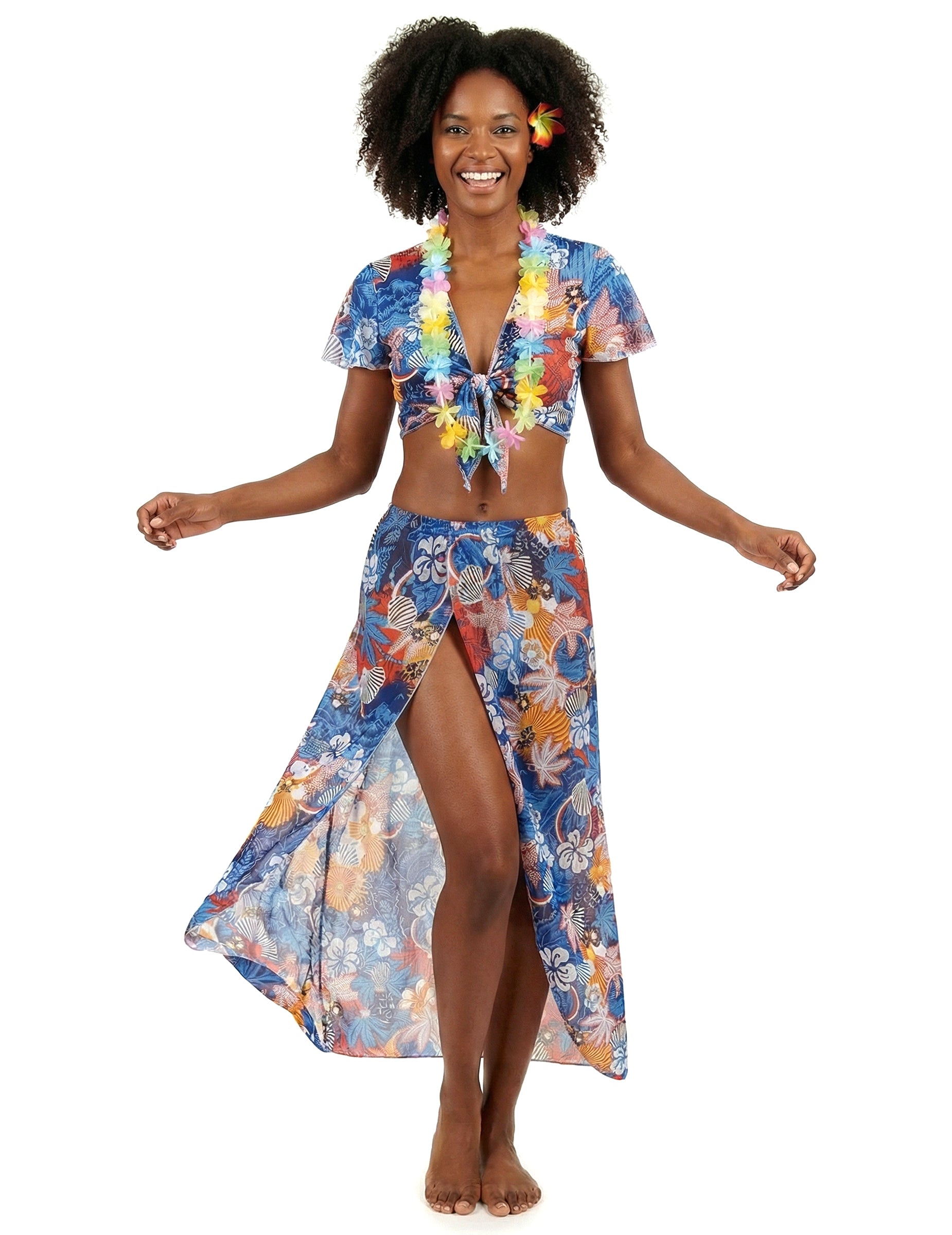 Дегизировка на хавайски турист за жени в синьо с тропически мотиви, с дълга пола и цветна огърлица