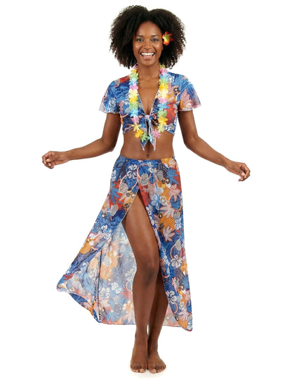 Дегизировка на хавайски турист за жени в синьо с тропически мотиви, с дълга пола и цветна огърлица