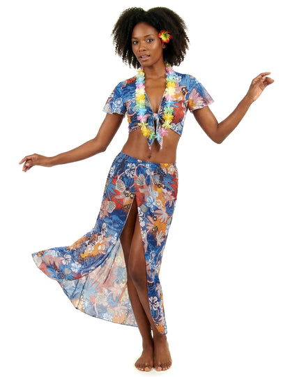 Преден изглед с цепка на полата на дегизировката на хавайски турист