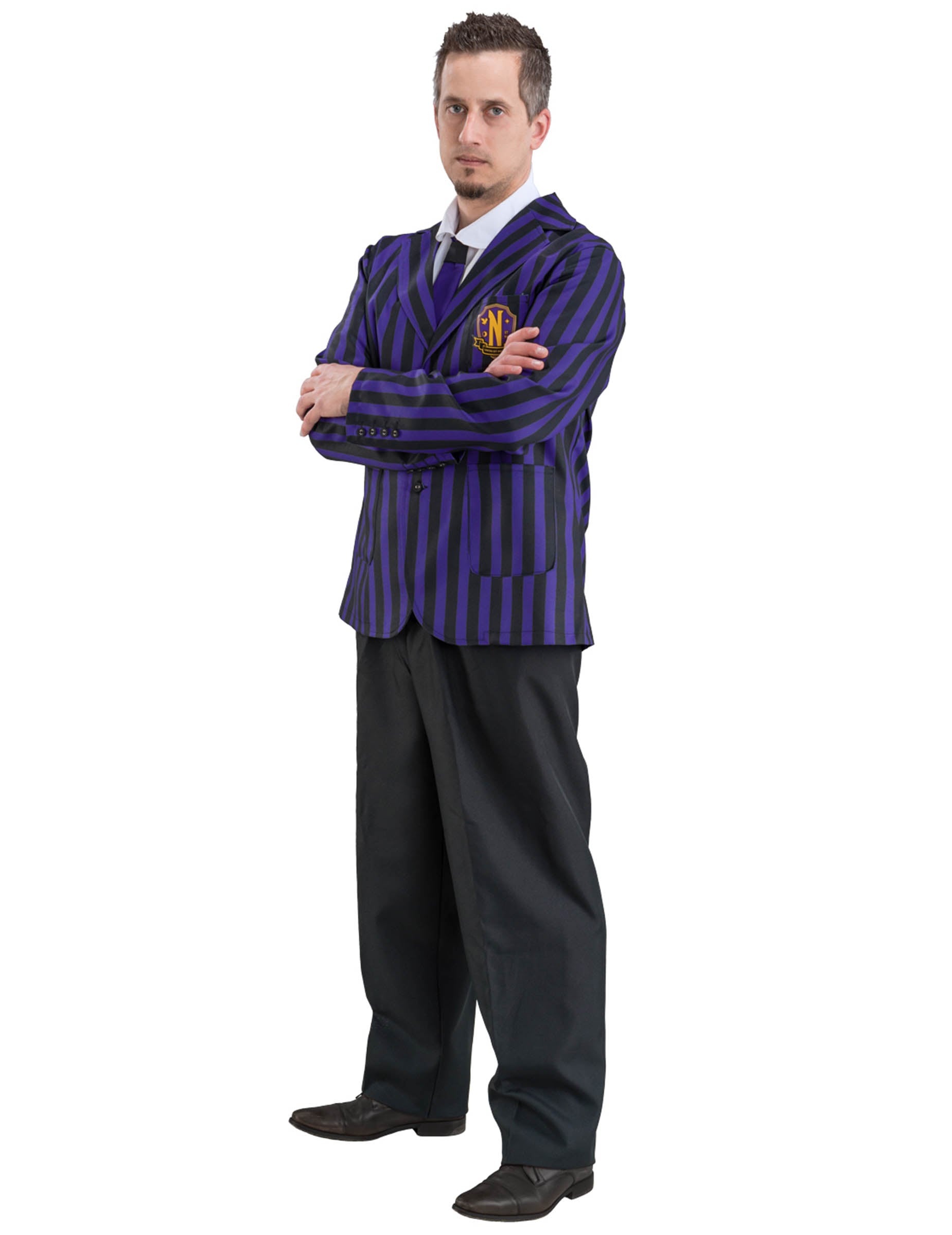 Déguisement uniforme scolaire Nevermore Wednesday™ pour homme à rayures violettes et noires
