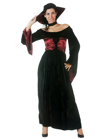 Déguisement de vampire à corset pour femme noir et rouge avec chapeau