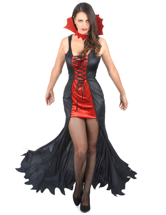 Déguisement de vampire pour femme rouge et noir avec col dentelé