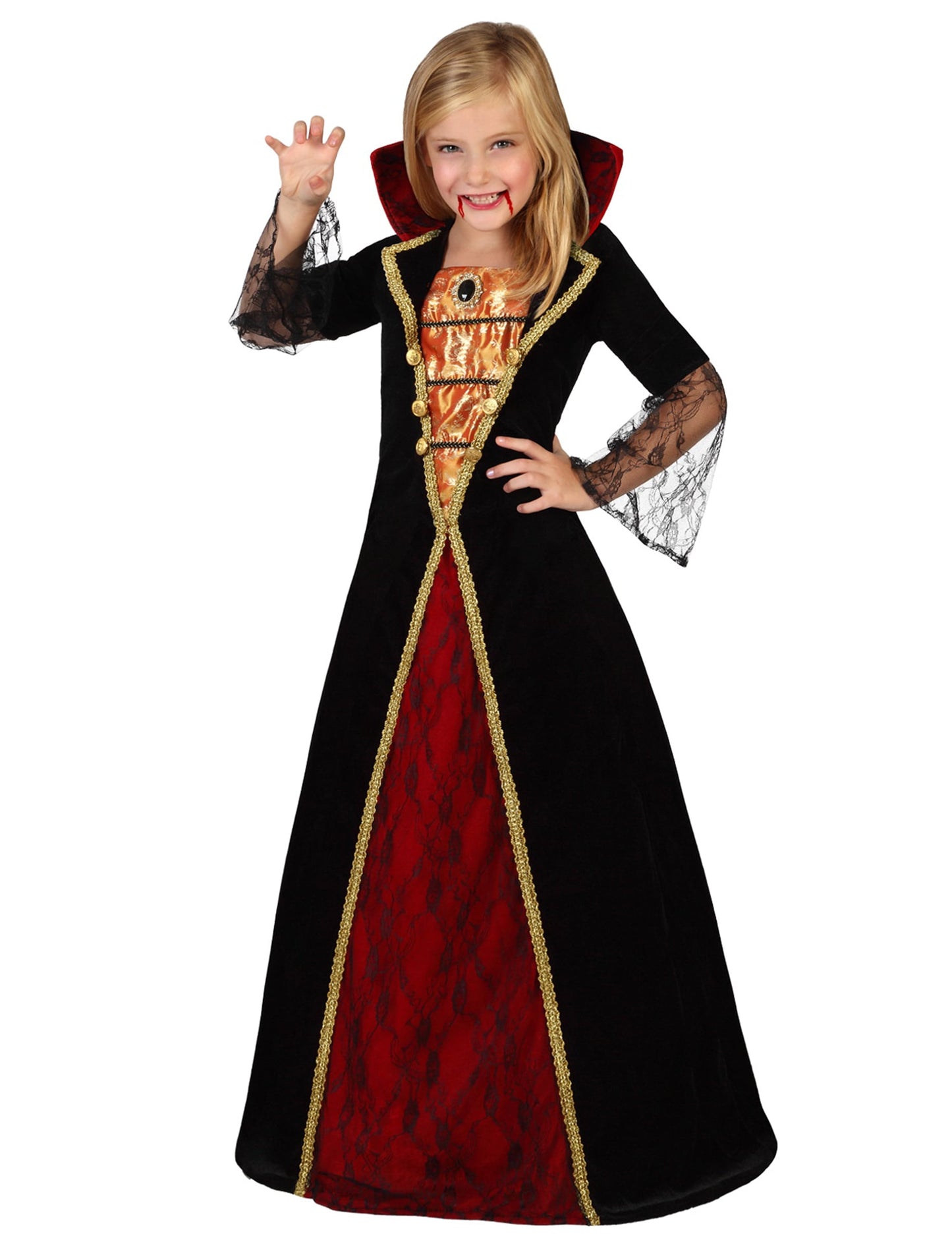 Déguisement élégant de vampire pour fille noir et rouge avec col montant et dentelle