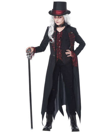 Déguisement vampire gothique luxe pour fille noir et rouge avec haut-de-forme