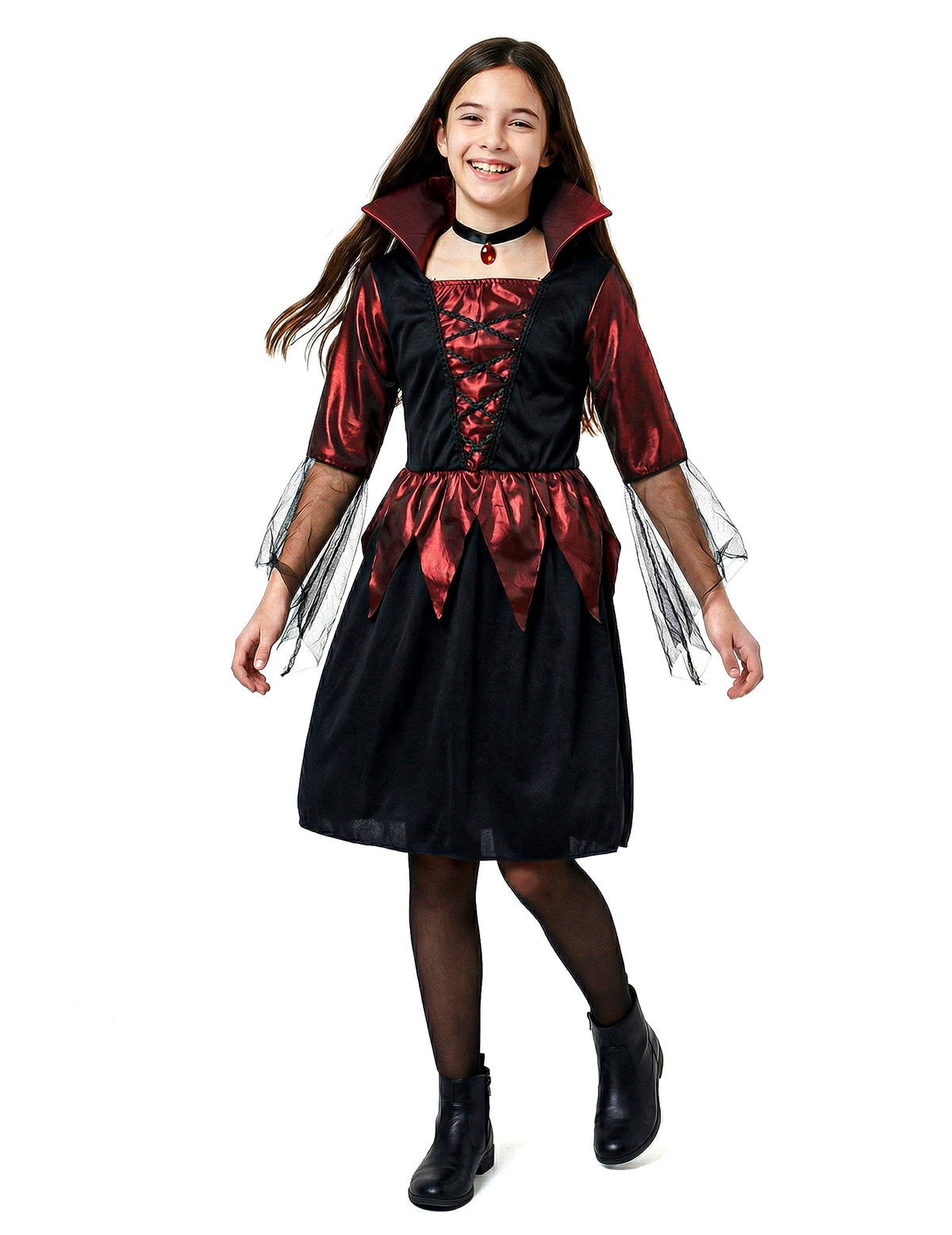 Déguisement de vampire pour fille rouge et noir satiné