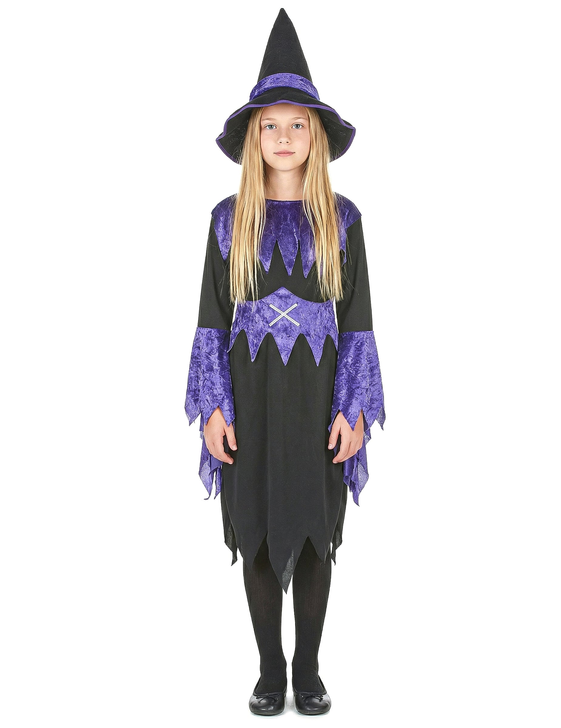 Déguisement de sorcière pour fille violet et noir avec chapeau pointu